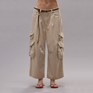 Pantalones <span class=keywords><strong>Cargo</strong></span> Anchos <span class=keywords><strong>Beige</strong></span> Personalizables, Pantalones Vaqueros Holgados de Cintura Baja con Múltiples Bolsillos para <span class=keywords><strong>Mujer</strong></span>, Ropa Urbana - Product Image 4