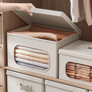 Clothing Organizer Storage Box Rectangle With Viewing Window Washable Cotton Linen Foldable Wardrobe Large Size Bedroom Use - Product Image 4