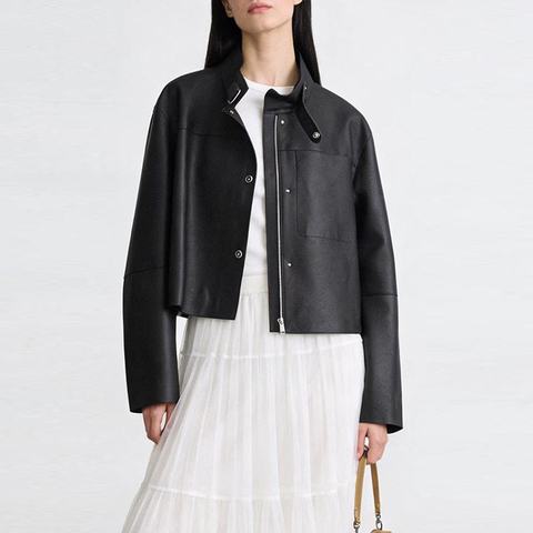 HN6153 Euro-American Style Women Oil Edge Craft Stand Collar Short Leather Coat Sheepskin Biker Jacket