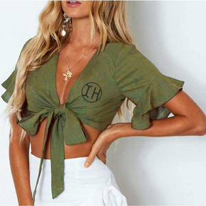 Camicette Estive da <span class=keywords><strong>Donna</strong></span> Nuove Collezione 2026 all'Ingrosso con Cintura Avvolgente, <span class=keywords><strong>Maniche</strong></span> Svasate, Scollo a V Sexy e <span class=keywords><strong>Maniche</strong></span> <span class=keywords><strong>Corte</strong></span>, Top Corti - Product Image 4