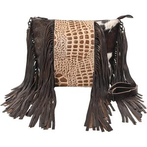 Sac à main bandoulière grande capacité en cuir de vachette d'alligator Sac fourre-tout décontracté de cow-girl avec décoration à pompon à motif géométrique - Product Image 2