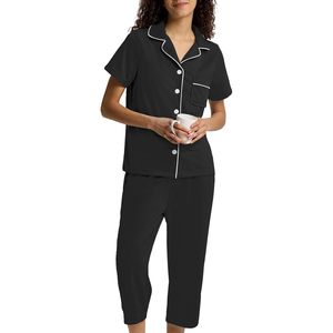Women's Capri Pajamas Two Piece Pj Set Button Down Short Sleeve Waffle Knit Sleepwear Loungewear <b>Pyjamas</b> Black Loungewears Women - Product Image 4