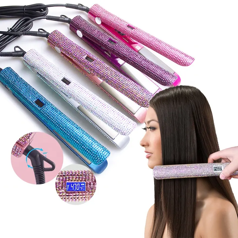 New Dual Wet and Dry 480 F Degree Fast Heat Nano Titanium Plates AB white Pink Bling Rhinestone Hair Straighten Iron Flat