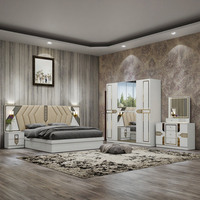 Ensemble de meubles de chambre à coucher en bois de luxe pour villa, bureau à domicile, lit moderne Queen, Full, King Size avec rangement, éclairage intégré, finition beige brillant