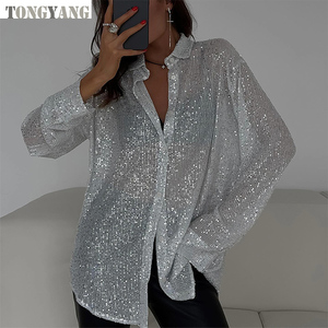 TONGYANG <strong>Sequin</strong> Turndown Collar Women's Oversize Shirt Casual Sparkle Glitter Loose <strong>Long</strong> <strong>Sleeve</strong> 2024 Spring <strong>Silver</strong> Vintage Shirt - Product Image 1