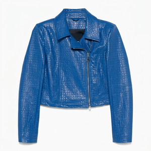 Chaqueta de Motociclista de Cuero con Grabado de Cocodrilo Azul para Mujer, con Cierre de Cremallera, Cuello Camisero, Manga Larga, Estilo Otoñal - Product Image 1