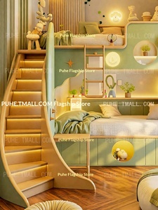 Letto a castello in legno dal design creativo per bambini, a due piani, stessa larghezza superiore e inferiore, stile foresta, per ragazzi e ragazze, con scaletta. - Product Image 3