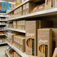 Emballage personnalisé pliable pour biscuits, grissini, bretzels, bâtonnets de pain, boîte en papier pour pain artisanal au levain avec fenêtre, boîtes cadeaux pour biscuits