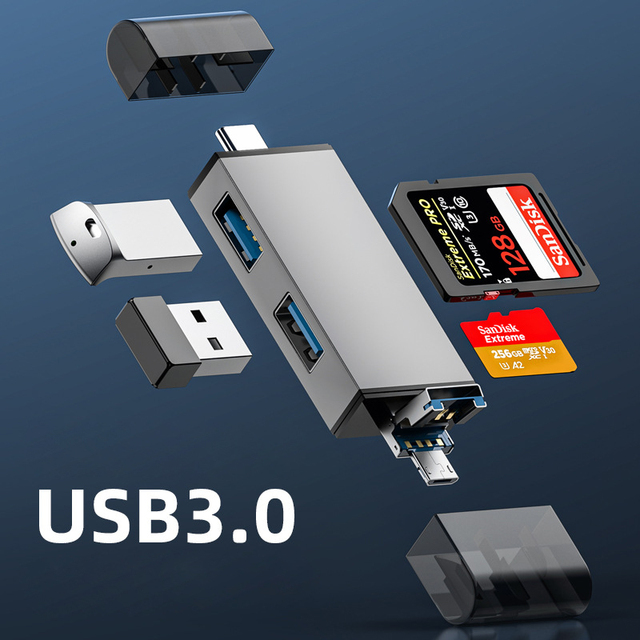 Aluminum Type C USB a Micro USB 3 in 1 OTG Memory SD Card Reader Adapter With SD TF Card Slot USB Port for Android Mobile iphone