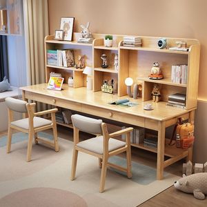 โต๊ะเด็กพร้อมชั้นวางหนังสือ โต๊ะเรียนคู่ไม้เนื้อแข็งสำหรับบ้าน ห้องนอน นักเรียนประถมและมัธยม โต๊ะเขียนหนังสือ - Product Image 2