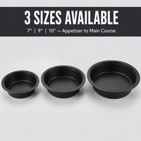 Assiettes jetables en PP noir de qualité alimentaire avec rebord large côtelé pour la préparation des repas, la restauration et les plats à emporter en gros