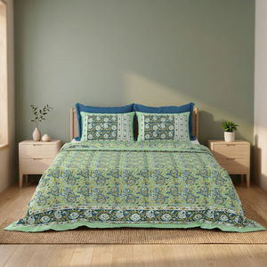 Screen Print King Size Cotton <b>Bed</b> Sheet White Floral Bedding Set with Pillow <b>Covers</b> Jaipur Handmade Indian Boho Bedroom - Product Image 2