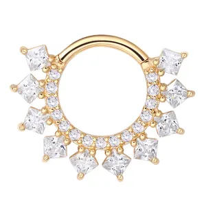 Eternal Metal 14K Solid Gold Facing 10 Princess Cut 5A CZ Hinged Segment Hoop Ring Clicker Daith Piercing Jewelry
