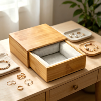 Boîte à bijoux en bambou avec tiroir coulissant, étui de rangement pour ornements doublé de tissu