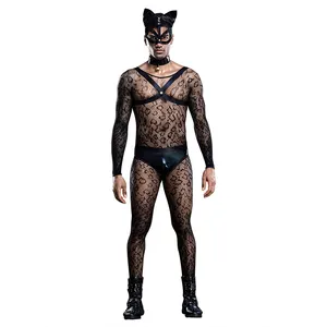 Adult men fishnet bodystockings tops Shorts Cat sexy cosplay costume for men