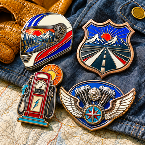 Badges émaillés personnalisés pour moto, voyage en moto, casque vintage, pompe à essence, moteur, épingles de revers - Product Image 1