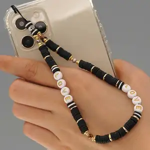 INS新款6毫米软陶瓷条纹手机挂绳亚克力字母情侣手机链