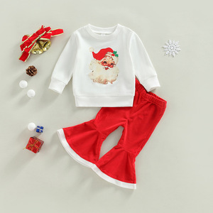 Good Price New Product Autumn and Winter Santa Claus Printed Long Sleeve Bell-bottoms <strong>Kurti</strong> for <strong>Baby</strong> Girl Set - Product Image 3