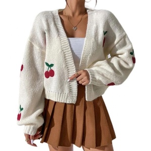 Ladies Casual Short Knit <strong>Tops</strong> Wholesale Wool Cardigan Jacket with <strong>Cherry</strong> Embroidery Short Sweater - Product Image 1