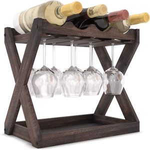 Oferta Especial: Estante para Vino Rústico de Madera Maciza para 4 Botellas con Espacio para 6 Copas y Almacenamiento de Corchos, Organizador Independiente para Encimera - Product Image 4
