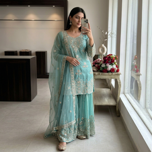 Traje Anarkali de Seda Bordado en Color Verde Azulado con Dupatta, Vestido de Boda Tradicional Indio Pakistaní para Mujer, Largo hasta el Suelo - Product Image 1