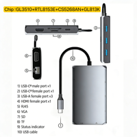 Base de Conexión USB C 9 en 1 de Aluminio, HDMI 2.1, VGA, Monitor Dual, MST, 100W PD, Gigabit Ethernet, RJ45, Adaptador Multipuerto Tipo C
