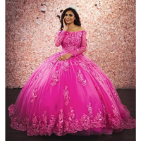 Robe de bal formelle à manches longues en dentelle pour 15 ans, robe de princesse pour 16 ans, robe de Quinceañera en dentelle fuchsia, modèle MQ120