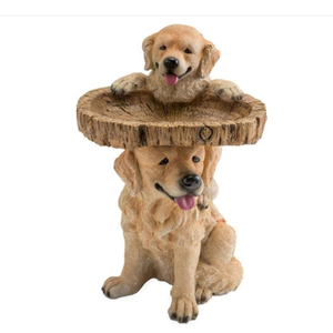 Deux chiots Golden Retriever ludiques Bain d'oiseaux en résine peint à la main par tous les temps <span class=keywords><strong>Paysage</strong></span> et accent de jardin en bois - Product Image 1
