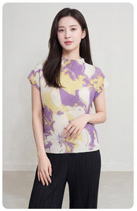 PY Hot Print Pleated Stand Collar Short Sleeve T-Shirt Women Plus Size Loose Casual <b>Compressed</b> 100% Polyester Wholesale - Product Image 5