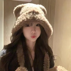 Gorro de Felpa con Orejas de Oso para Mujer, con Protector de Cuello, Forro Polar Cálido, Gorro Casual de Invierno para Mujer, Beige, Gris, Negro - Product Image 5