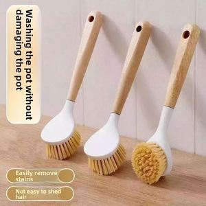 Brosse à vaisselle à poils naturels avec long manche en bois, brosse de nettoyage multifonctionnelle pour la cuisine, pour la vaisselle, les casseroles et les poêles - Product Image 1