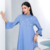 BA5135 bleu a-ligne jupe demi-haut col cousu à la main strass élégant longue robe pour les fêtes d'été du moyen-orient grande taille