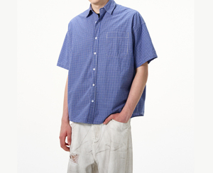 Chemise d'été à carreaux 100 % coton pour homme avec logo personnalisé, col rabattu, coupe oversize, manches courtes, anti-plis, vêtement décontracté - Product Image 6