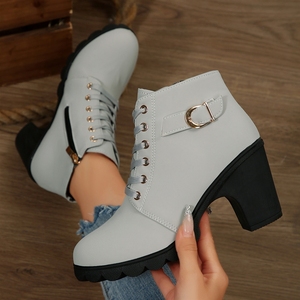 Bottines noires en faux daim pour femmes - Talon épais à lacets avec fermeture éclair latérale et détails métalliques pour un usage quotidien décontracté - Product Image 2