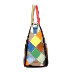 Sac fourre-tout en cuir véritable AndoBag, grande capacité, sacs bandoulière à carreaux avec surpiqûres colorées, sac à main vintage pour femmes 1820 - Product Image 4