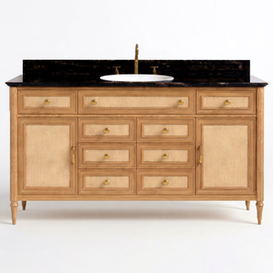 Meuble de salle de bain en bois massif avec dessus en marbre, insert en rotin, lavabo simple, armoire sur pied, 1 tiroir, porte à panneau plat, style moderne pour hôtel - Product Image 1