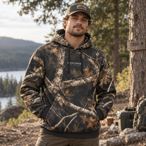 Sweat-shirt à capuche camouflage tout-terrain pour homme, motif camouflage woodland intégral, style rallye et trail - Product Image 1