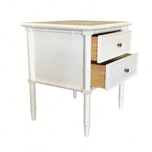 NH1286 Italian Cabinet Antique Living Room Furniture Wooden <strong>Bedside</strong> Carved <strong>Bamboo</strong> White <strong>Table</strong> With 2 Drawers Nightstand Cabinet - Product Image 3