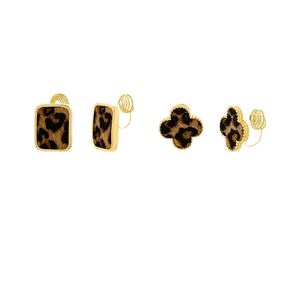 Pendientes de Clip Vintage, Simples y Elegantes, Chapados <span class=keywords><strong>en</strong></span> Oro de Alta Calidad, con Estampado de Leopardo, Trébol de Cuatro Hojas Cuadrado, Sin Agujeros - Product Image 4