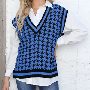 Débardeur en tricot <span class=keywords><strong>sans</strong></span> manches décontracté à col en V en acrylique 100% respirant à motif <span class=keywords><strong>pied</strong></span>-<span class=keywords><strong>de</strong></span>-<span class=keywords><strong>poule</strong></span> pour femmes personnalisé pour l'hiver - Product Image 1