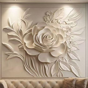 Peinture murale d'art moderne, relief mural sculpté à la main, fleurs de lotus, plantes, relief en marbre, art mural en pierre - Product Image 3