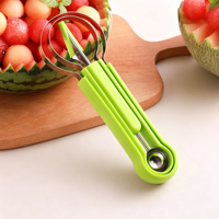Groothandel Multifunctionele 3-in-1 Meloenballetjeslepelset, roestvrijstalen fruit snijmes met mesbeschermer