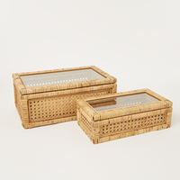 Nouveau Style Vintage boîtes d'exposition en rotin et canne avec couvercle en verre boîte de rangement en rotin tissé pour la décoration de la maison
