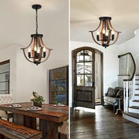 Lustre de style farmhouse en bois de noyer noir, 4 lumières, suspension industrielle pour salon, salle à manger, entrée, hall d'entrée