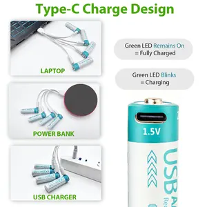 Marca logotipo personalizado 1000 Ciclos 2600mWh USB Tipo-c Carregamento 1.5V AA Recarga Baterias de íon de lítio