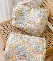 Ensemble de 3 trousses de toilette portables grande capacité, motif floral, personnalisables avec logo, en coton matelassé léger