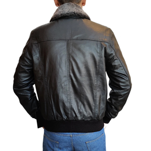 Veste en cuir et toile de style moto pour homme, personnalisée, printemps, doublure en peau de mouton, respirante, style streetwear, col rond - Product Image 6