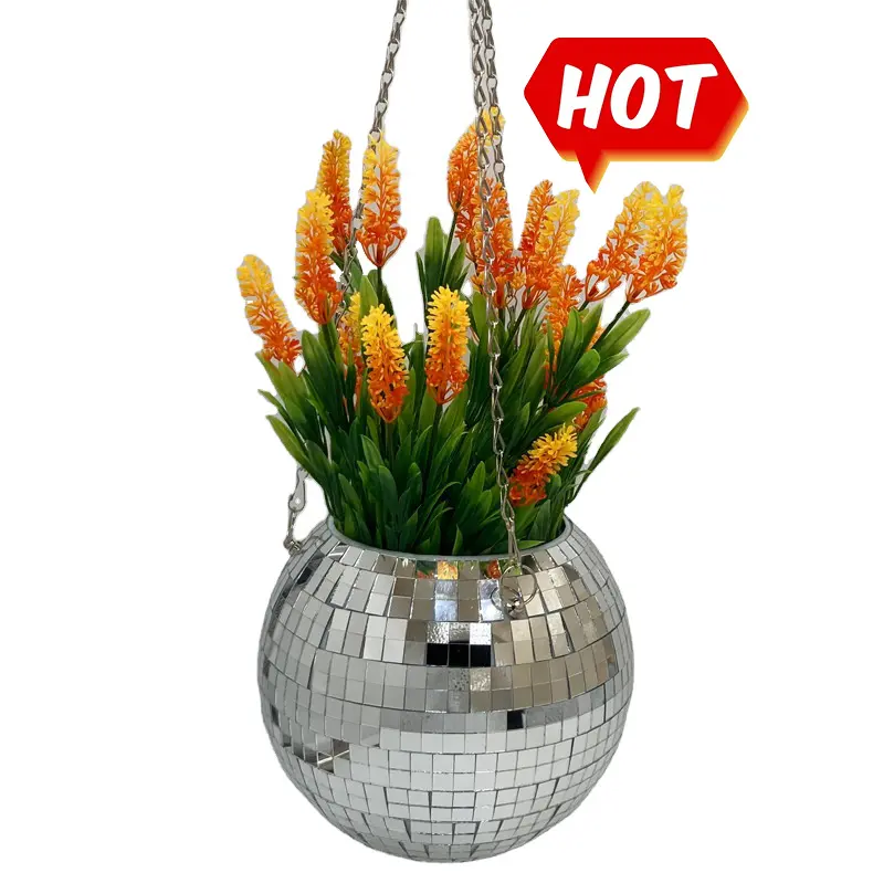 6 Inch Ball Shape Rose Gold Silver Hanging Pot Mirror Disco Ball Planter With Chain And Macrame Rope Indoor Balcony Decoration