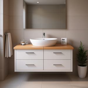 Mueble de Baño de Madera Maciza de 47.2x19.7 Pulgadas, Color Marrón Claro, Diseño Minimalista, Montado en la Pared, con Cajones y Lavabo de Cerámica - Product Image 2