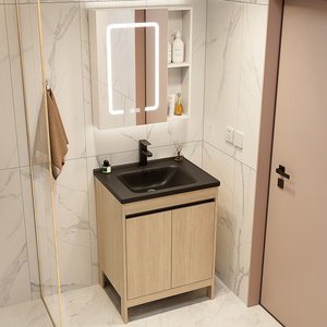 <span class=keywords><strong>Mobile</strong></span> <span class=keywords><strong>Bagno</strong></span> Moderno in Alluminio Rovere Chiaro con Ante in Fibra di Carbonio, 3 Cassetti, Lavabo in Ceramica Grigia e Specchio Retroilluminato a LED - Product Image 6